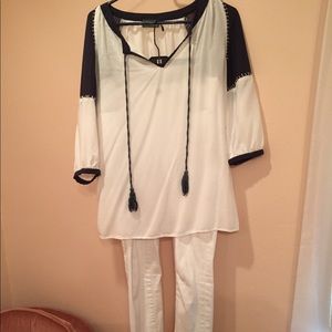 Blue and white boho tunic top